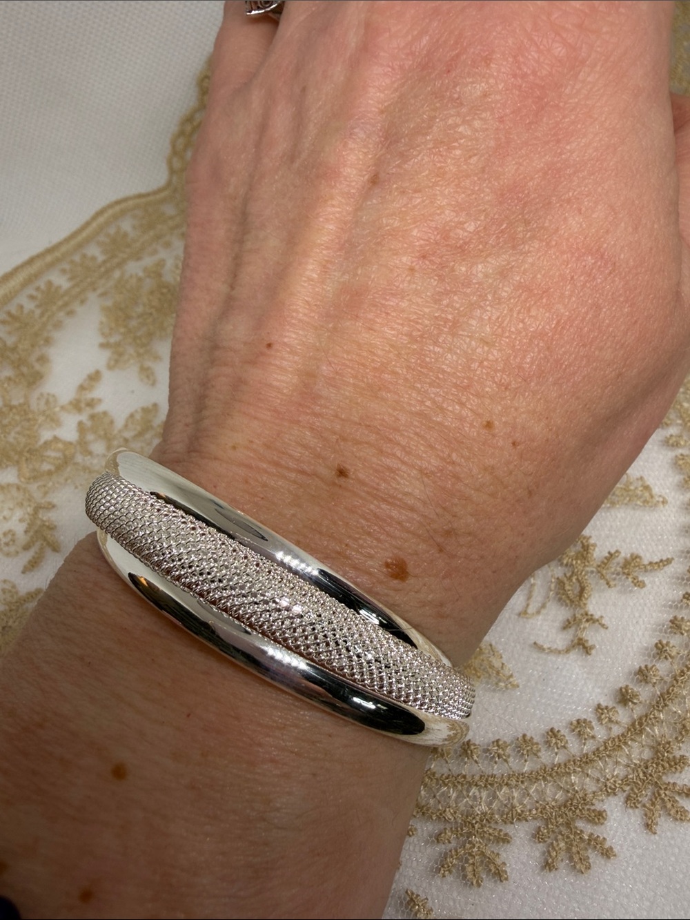 925 Sterling Silver Triple Band Open Cuff Bangle | Textured Mesh Quiet Luxury